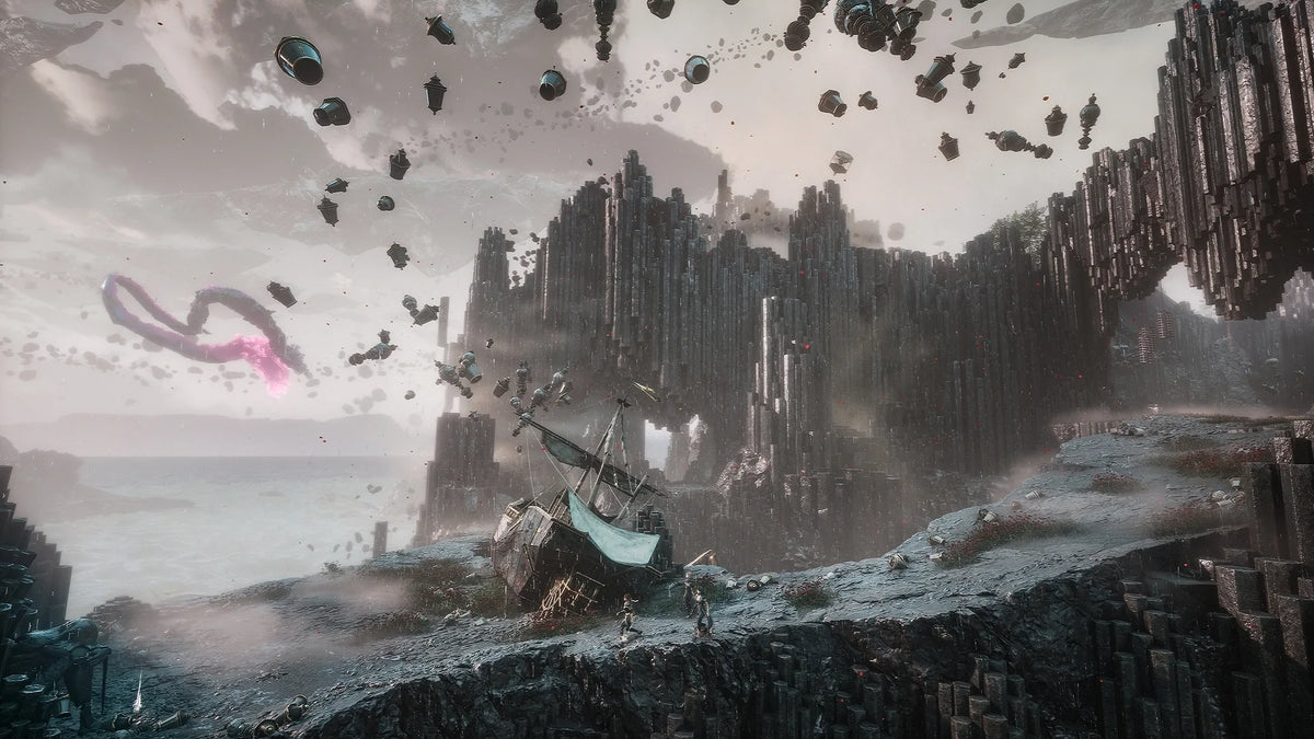 A surreal fantasy landscape featuring towering basalt-like rock formations rising from a coastal cliff, with floating lanterns and debris swirling through the sky as a wrecked ship lies abandoned in the foreground.