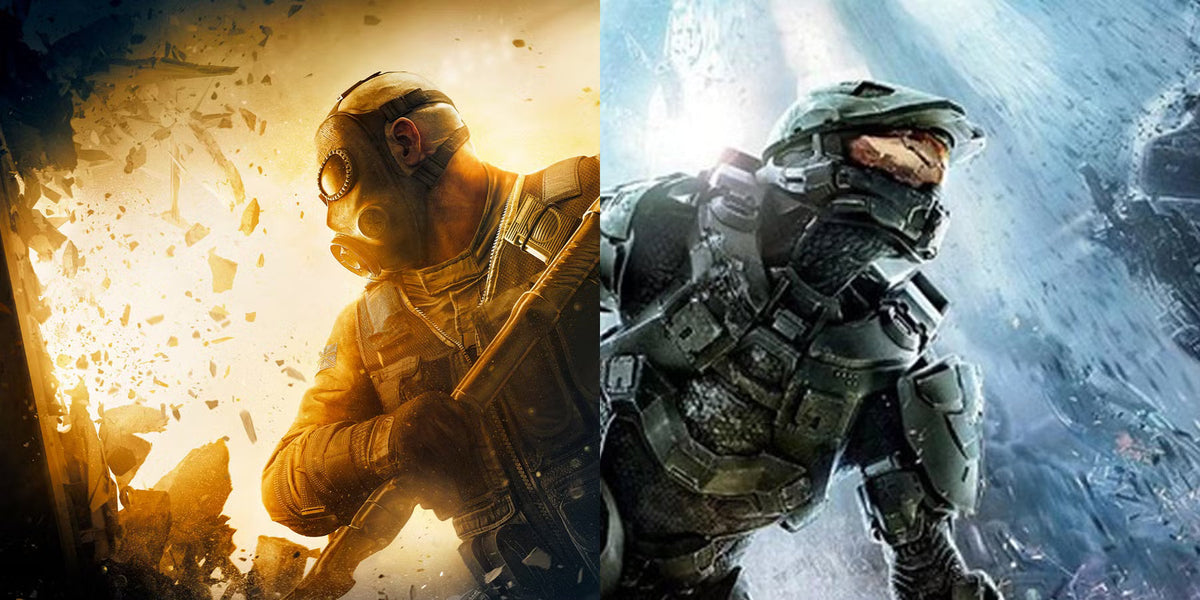 Split image showing a soldier in a gas mask during an explosion and Master Chief in futuristic armor from Halo.