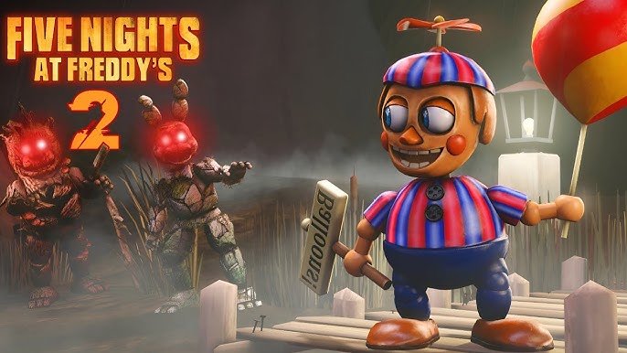 Balloon Boy from Five Nights at Freddy’s 2 stands cheerfully on a wooden path holding a balloon and sign, while two glowing-eyed animatronics lurk menacingly in the background under a spooky lantern-lit sky.