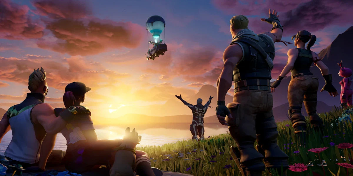 Fortnite characters standing on a hill at sunset watching the Battle Bus fly across the sky above the island.