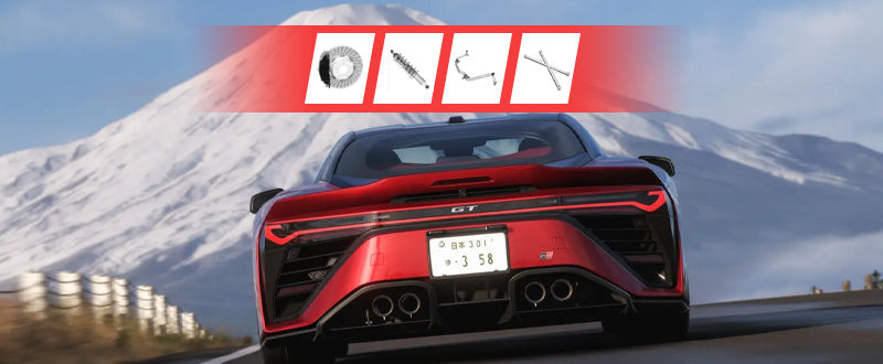 Red sports car driving on a mountain road with snowy peaks in the background, alongside tuning and suspension upgrade icons displayed above.