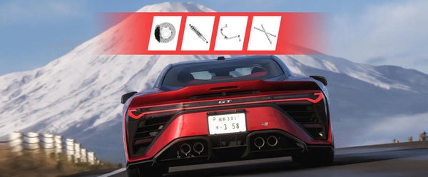 Red sports car driving on a mountain road with snowy peaks in the background, alongside tuning and suspension upgrade icons displayed above.