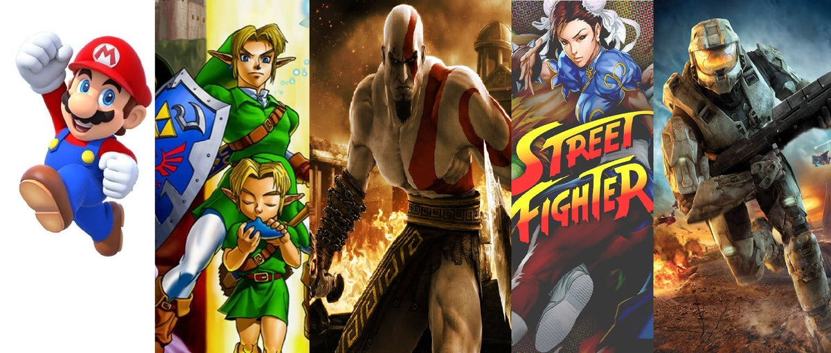A collage of iconic video game characters including Mario, Link and Saria from The Legend of Zelda: Ocarina of Time, Kratos from God of War, Chun-Li from Street Fighter, and Master Chief from Halo.