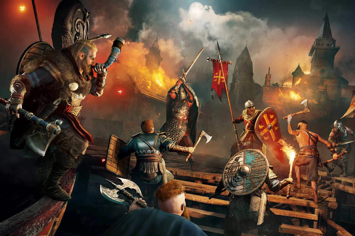 A chaotic Viking battle scene: warriors clash with swords and axes on a burning bridge, while a horn-blowing raider rallies the attack under a smoky, moonlit sky.