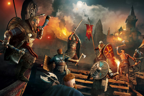 A chaotic Viking battle scene: warriors clash with swords and axes on a burning bridge, while a horn-blowing raider rallies the attack under a smoky, moonlit sky.