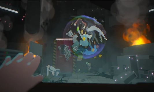 Hand reaching toward a floating glowing sphere trapping a person and scattered papers in a burning sci-fi laboratory.