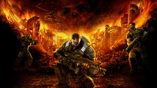 Three armored soldiers stand ready in a burning, war-torn city, surrounded by explosions and collapsing buildings, with the central figure gripping a rifle with a chainsaw bayonet as fiery chaos erupts behind them.