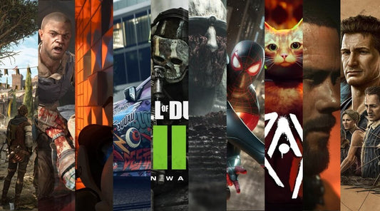 A collage of popular video game characters and titles including Call of Duty, Spider-Man: Miles Morales, Stray, Uncharted, and more, showcasing a variety of genres and art styles.