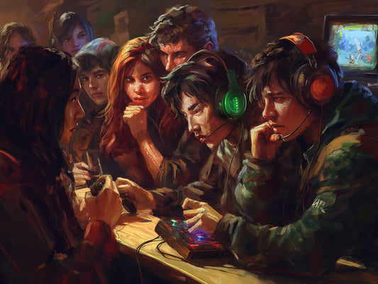 A group of friends gathered closely around a table, wearing headsets and focused on a multiplayer video game, sharing an intense and social gaming moment in a warm, dimly lit room.