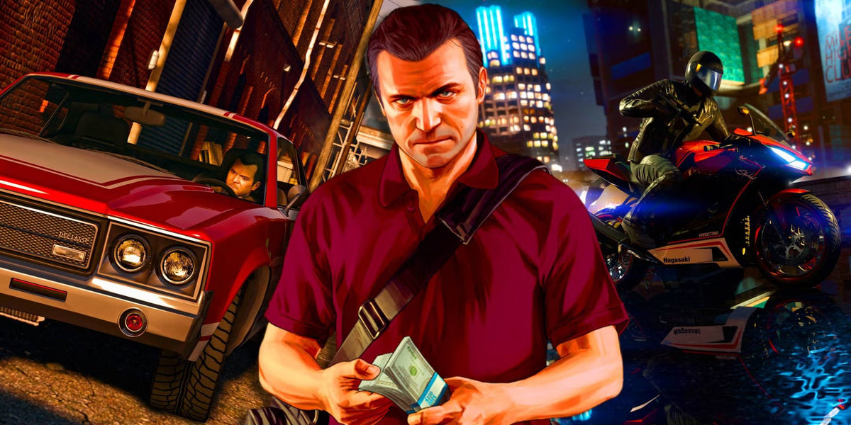 Man holding cash in a neon-lit city street with a car and motorcycle chase scene.