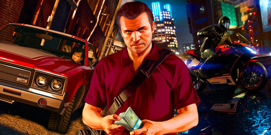 Man holding cash in a neon-lit city street with a car and motorcycle chase scene.