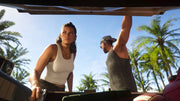 Realistic tropical action game scene showing two characters looking into a vehicle trunk, one holding a pistol, set in a sunny environment with palm trees, suggesting a story-driven or open-world adventure game moment