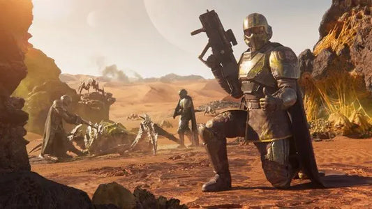 An armored sci-fi warrior kneels in a desert holding a blaster, with another figure, a speeder, and a creature’s remains in the background under a pale alien sky.