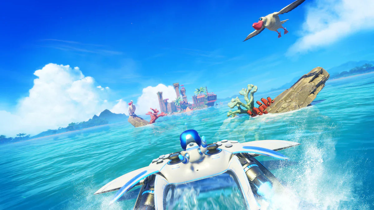 Small robot rides a sleek white watercraft across bright blue ocean, splashing water, with a tropical island, coral formations, and a flying seagull in the background.
