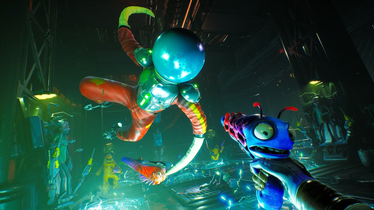 A first-person gameplay screenshot from High on Life showing a blue talking alien gun aimed at a space-suited enemy inside a neon-lit alien facility.