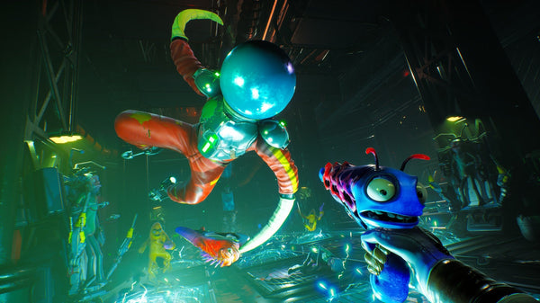 A first-person gameplay screenshot from High on Life showing a blue talking alien gun aimed at a space-suited enemy inside a neon-lit alien facility.