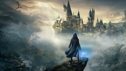 A robed wizard standing on a cliff's edge holding a glowing wand, overlooking Hogwarts castle surrounded by mist with a dragon flying in the background.