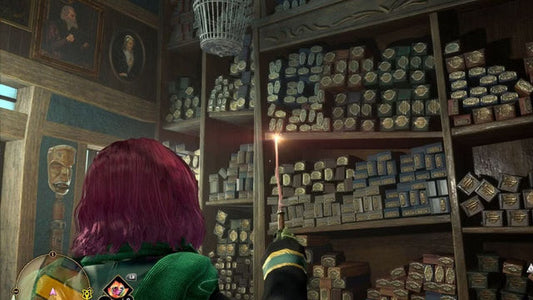 A character in Hogwarts Legacy standing inside Ollivanders wand shop, holding a lit wand while facing shelves filled with wand boxes.