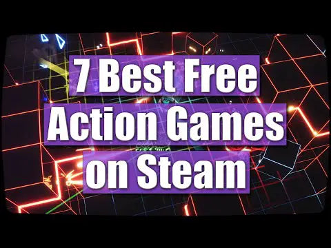 Thumbnail graphic with bold purple and white text reading “7 Best Free Action Games on Steam” over a neon grid background with glowing red and orange lines.