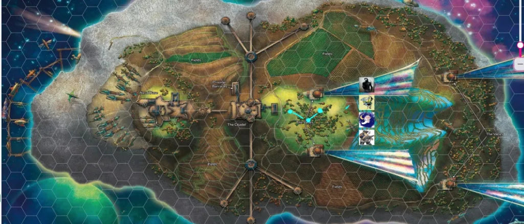 Hex-grid fantasy battle map of a floating island in space.