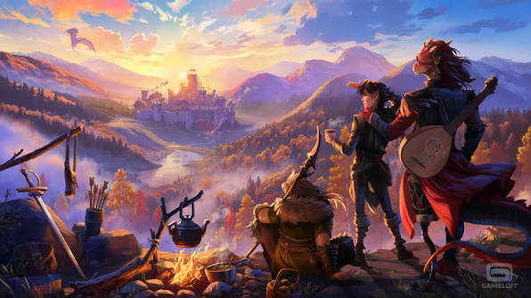 Fantasy adventurers rest around a campfire overlooking a distant castle, mountain valley, and colorful sunset.