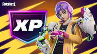Colorful Fortnite XP promotional image featuring a purple-haired character holding futuristic gadgets beside a large XP badge.
