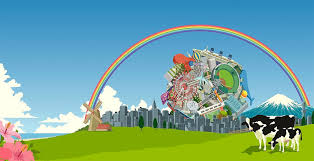 Colorful Katamari scene showing a giant rolling katamari ball filled with objects, a rainbow in the sky, green hills, cows in a field, city skyline, and Mount Fuji in the background.