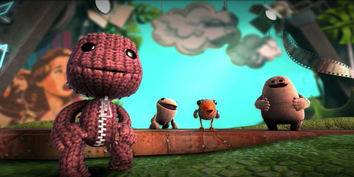 A stitched plush character stands with three toy-like friends in a colorful, handcrafted world.