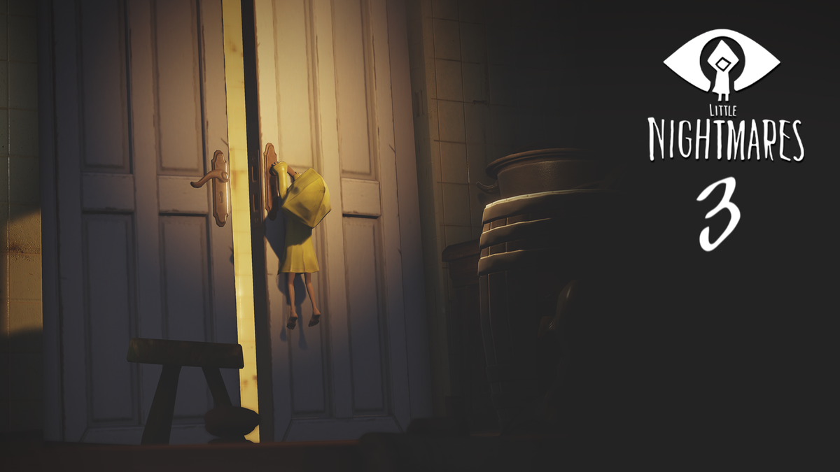 Little Nightmares 3 artwork showing a small figure in a yellow raincoat reaching for a door handle in a dark, eerie room beside the game logo.