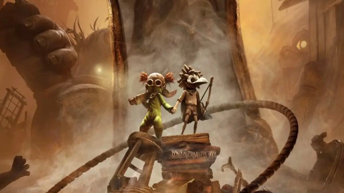 Two small childlike characters wearing masks stand hand in hand on a wooden platform in a dusty, industrial environment, surrounded by fog, pipes, and looming giant figures in the background.
