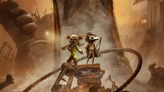 Two small childlike characters wearing masks stand hand in hand on a wooden platform in a dusty, industrial environment, surrounded by fog, pipes, and looming giant figures in the background.