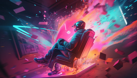 A person wearing a VR headset sits in a chair as vibrant neon colors and digital fragments explode outward, creating a surreal, immersive gaming scene filled with motion and futuristic energy.