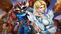 Stylized raccoon-like fighter and blonde woman in futuristic armor standing back-to-back in a sci-fi setting.