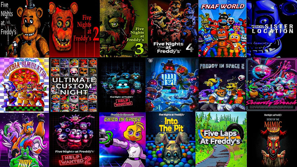 Collage of Five Nights at Freddy’s game covers featuring various animatronic characters across the series.