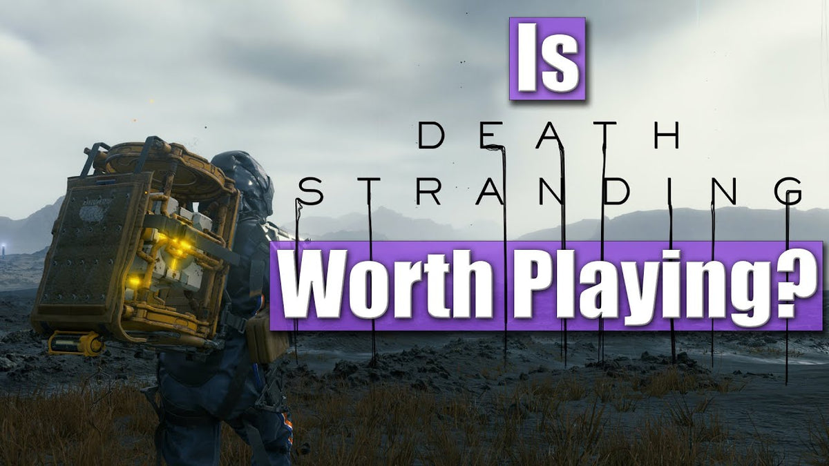 Thumbnail for Death Stranding video showing Sam carrying cargo across a rocky landscape, with the text “Is Death Stranding Worth Playing?” in bold purple lettering.
