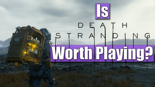 Thumbnail for Death Stranding video showing Sam carrying cargo across a rocky landscape, with the text “Is Death Stranding Worth Playing?” in bold purple lettering.