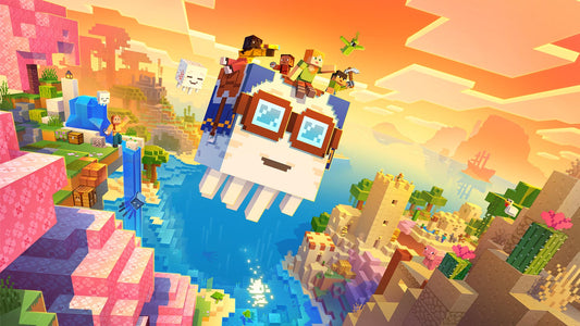 Minecraft players riding a giant flying Ghast across colorful biomes including desert, ocean, and cherry blossom landscapes at sunset.