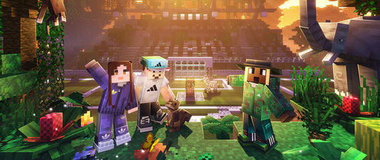 Minecraft characters wearing Adidas outfits pose in a lush jungle biome with animals and a large temple structure at sunset.