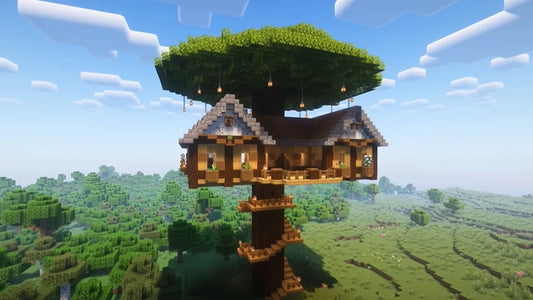 Minecraft-style treehouse built around a massive tree, featuring wooden cabins, lantern lighting, and a spiral staircase overlooking a lush landscape.