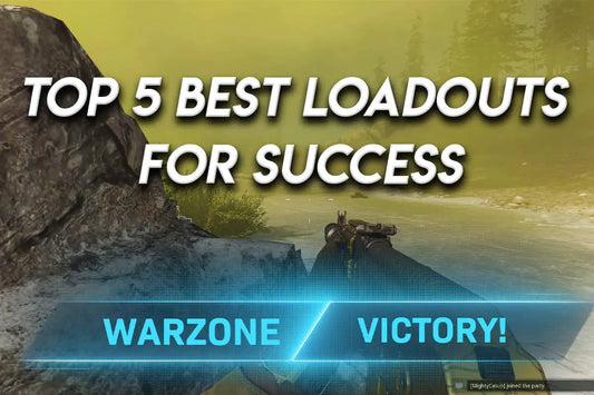 Thumbnail with text “Top 5 Best Loadouts for Success” and “Warzone Victory!” over a Warzone gameplay scene with a player holding a rifle near water.