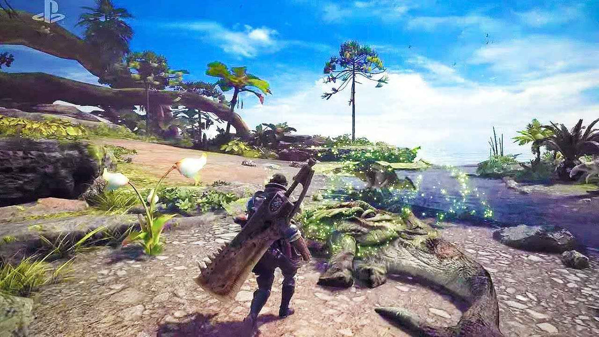 Monster Hunter World hunter in Ancient Forest collecting glowing monster tracks near a defeated creature.
