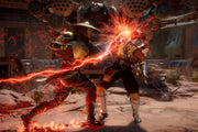 Raiden blasts red lightning into Scorpion during a fight in a desert arena.