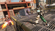 Futuristic shooter battle on an industrial platform, with armored characters fighting around a supply crate as one aims a bow and another flies in with jet propulsion.