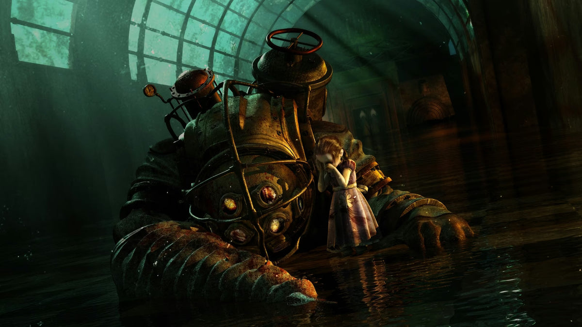 A Big Daddy and Little Sister standing together in the flooded halls of Rapture in Bioshock
