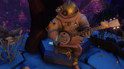 A spacesuit-wearing character playing a banjo while sitting in a glowing blue cave in Outer Wilds