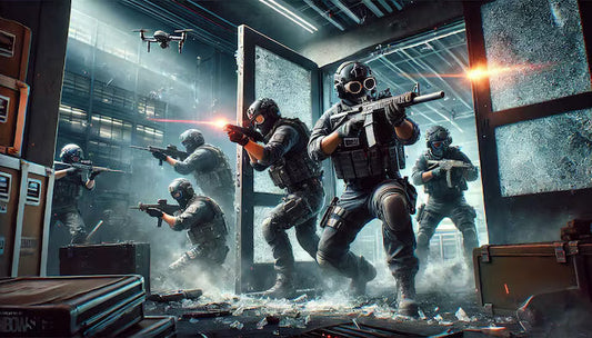 A tactical team of armored operators breaching through shattered glass doors in a dim industrial interior, firing weapons amid smoke, debris, and sparks, with a drone hovering overhead.