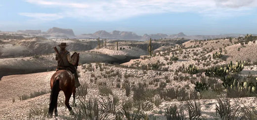 character from Red Dead Redemption on a horse looking at the dessert 