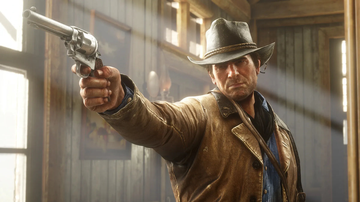 A rugged cowboy aiming a revolver inside a wooden saloon, sunlight streaming through the windows as he focuses intently on his target.