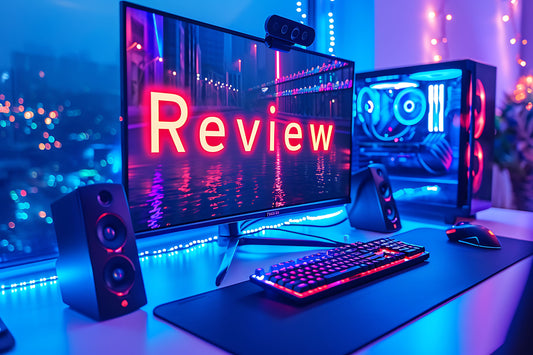 Neon-lit gaming setup featuring a monitor displaying the word Review, surrounded by RGB speakers, a mechanical keyboard, and a glowing PC tower in a modern room.