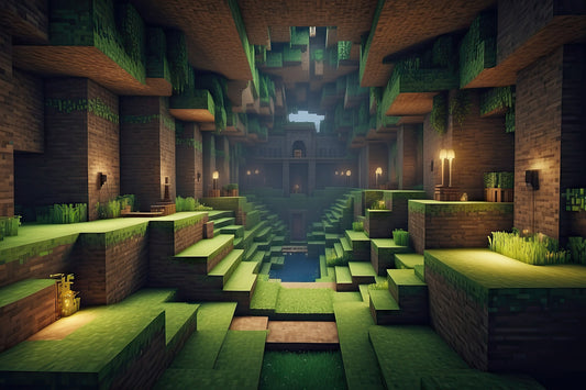 Minecraft-style underground cavern base with layered stone platforms, lush greenery, lantern lighting, and a central water feature beneath an open ceiling.